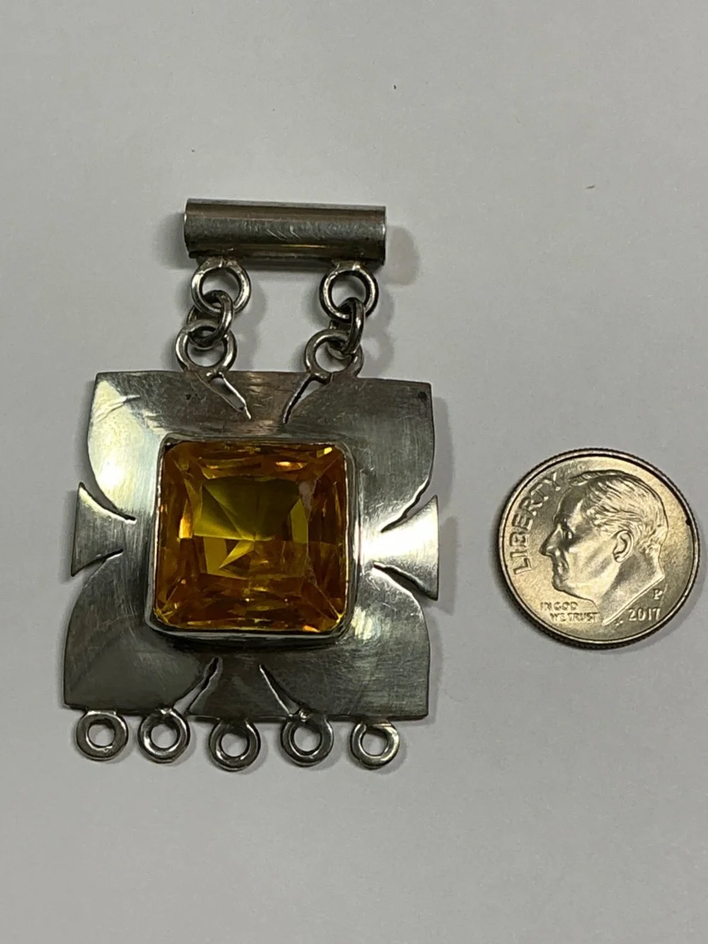 Vintage Sterling Silver Pendant W/ A Faceted Citrine Stone. 1.25” x 2”
